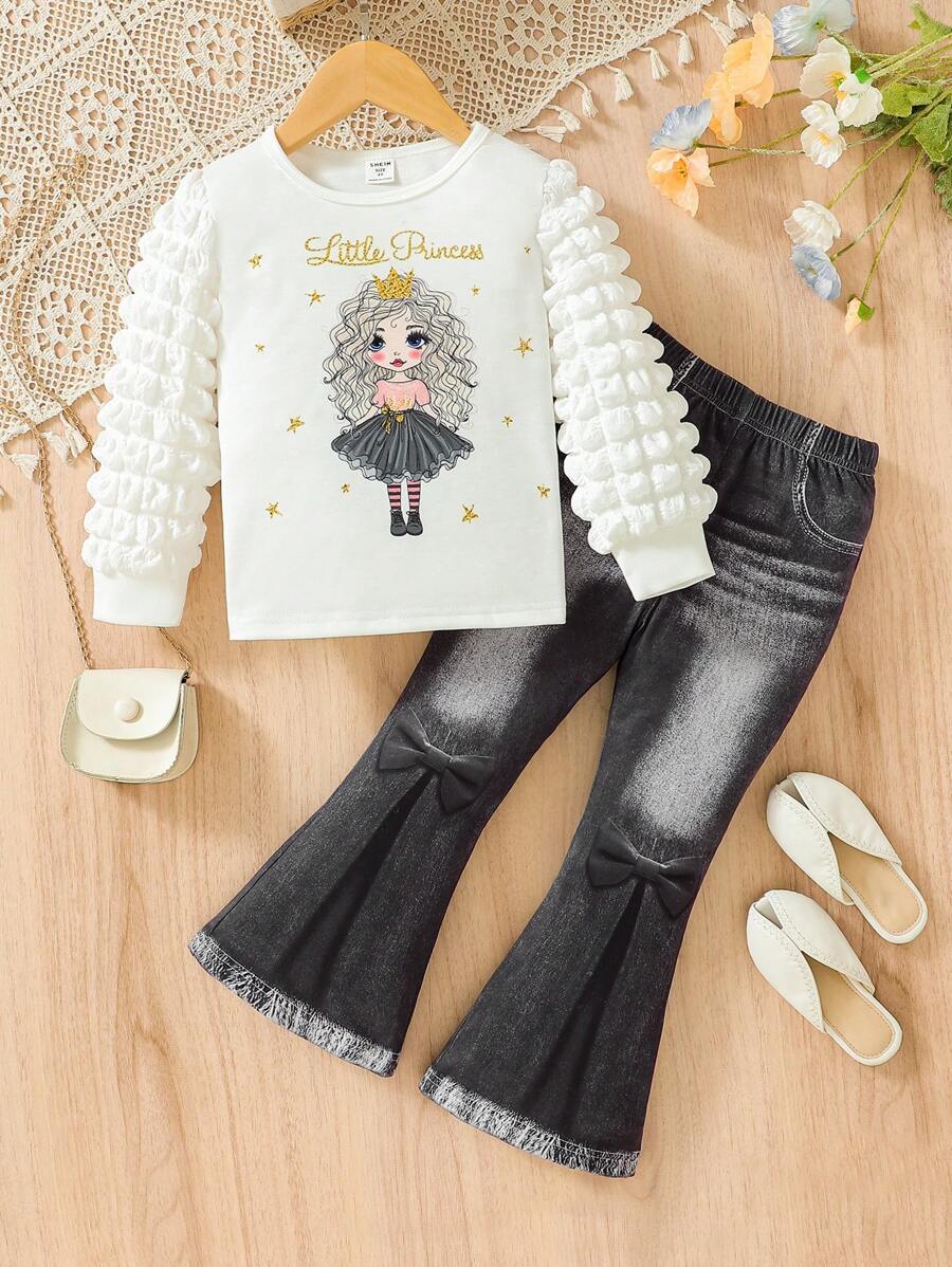 SHEIN Áo dài tay in họa tiết cô gái trẻ và quần ống loe hiệu ứng denim Trang phục thường ngày - Nhiều màu - Xem 1