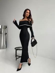 Aloruh Women's Ruffled Sleeves & Fish Tail Style Bodycon Dress With Color Block Details And Off Shoulder Design With Sleeves,Tea Party Dress