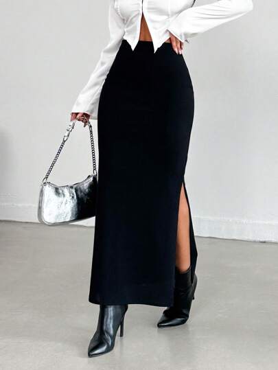 EURMUSE Plus Size Women's Solid Color Casual High Slit Long Skirt Slip Skirt Long Black Skirt