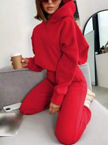 INAWLY Women's Solid Color Crop Top And Shorts Set Fall Cloth For Women - Red - View 4