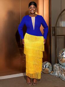 撞色長袖修身流蘇連身裙 - 藍色 - 查看 6