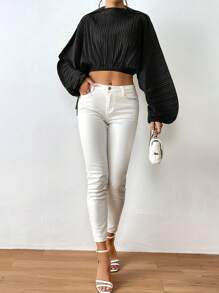 SHEIN Essnce 女款蝙蝠袖短襯衫 - 黑色 - 查看 7