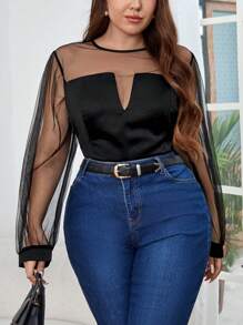 SHEIN Privé Plus Size Mesh Contrast Shirt - Black - View 4