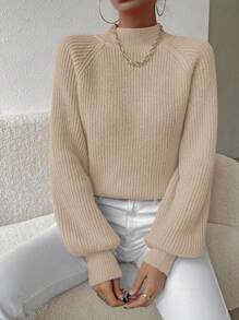 SHEIN Essnce 女款立領插肩袖長袖毛衣套頭衫 - 杏色 - 查看 6