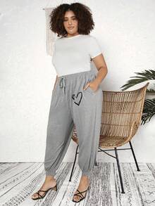 SHEIN CURVE+ 大尺碼女性愛心印花束口褲 - 淺灰色 - 查看 5