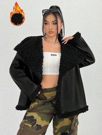 SHEIN EZwear Chaqueta De Piel Sintética Forrada De Lana Falsa Para Talla Grande