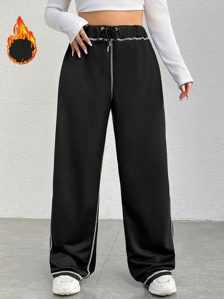 SHEIN Coolane Kích thước lớn Của phụ nữ Eo đàn hồi Lỏng lẻo Quần thể thao Với Đường may tương phản - màu đen - Xem 1