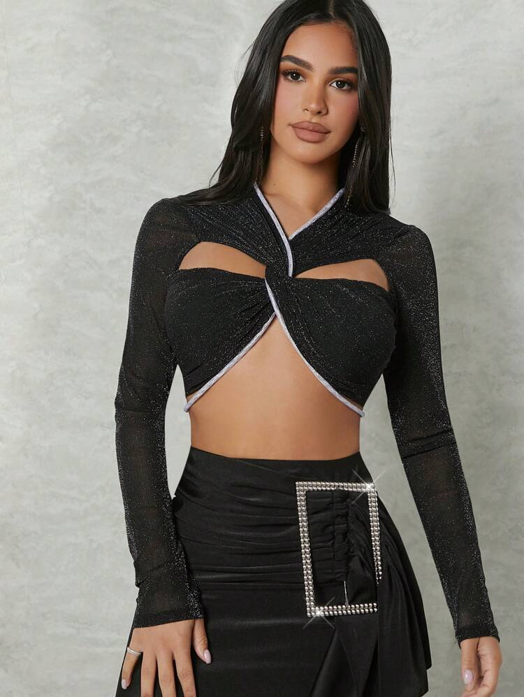 Contrast Cut Out Twist Glitter Long Sleeves Crop Sexy Top