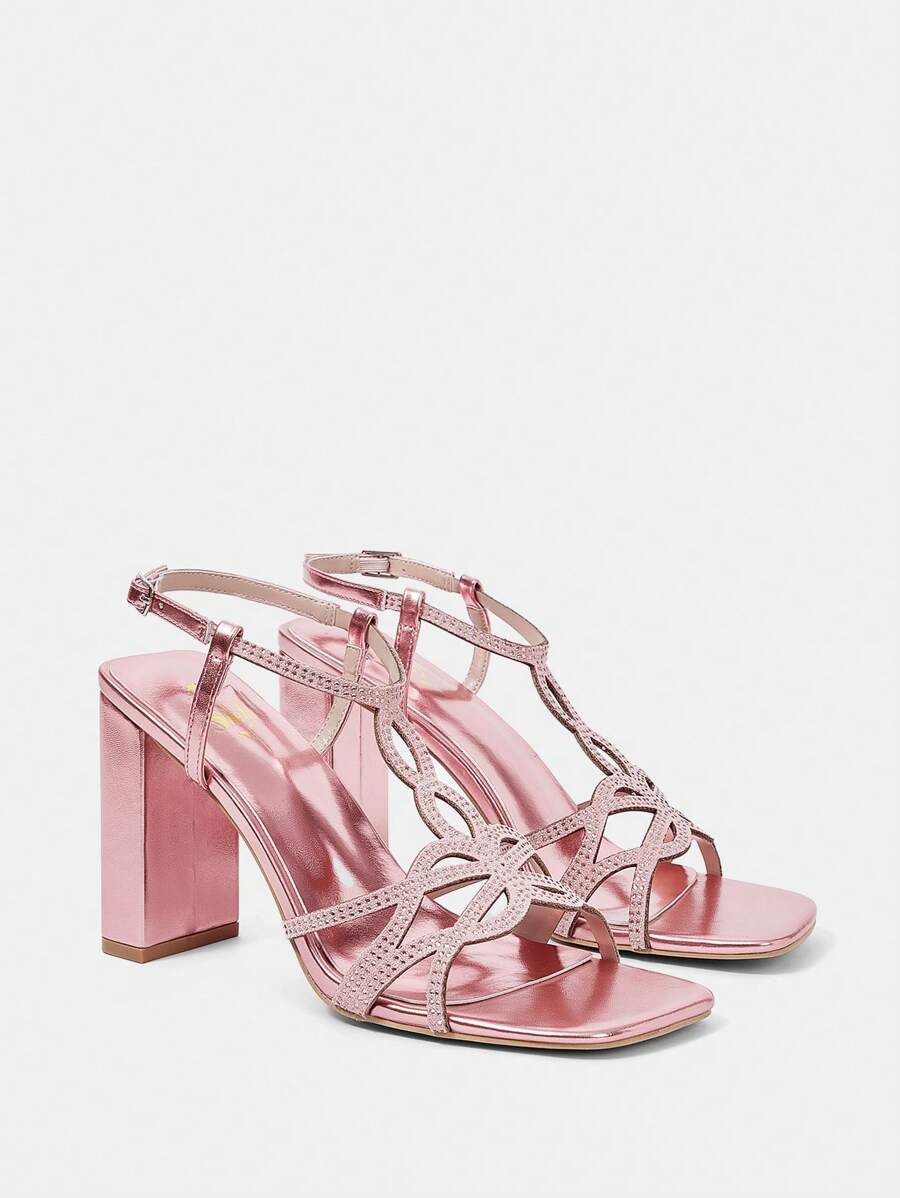 Sandalias De Tacón Alto Cuadrado Con Punta Pre-cubierta De Pedrería Y Cómodas Para Mujeres - Rosa - Ver 1
