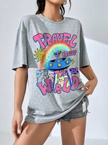 SHEIN EZwear 鬆身女款外星印花下落肩t恤,帶有字母印花 - 淺灰色 - 查看 5