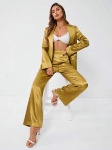 GENKIRA 女用緞面長袖西裝套裝 - 金色 - 查看 5