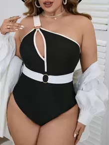 SHEIN Swim Curve 大尺碼顏色積木中空一體式泳裝 - 黑與白 - 查看 1