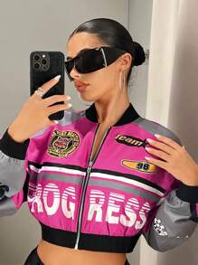 SHEIN ICON Chaqueta de mujer con estampado de letras, ropa de otoño estilo béisbol corto - Multicolor - Ver 6