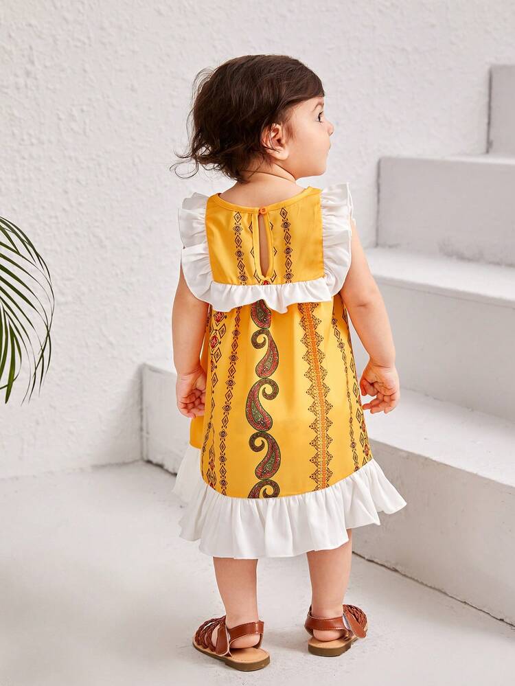 Baby Girls' Retro Geometric & Vacation Pattern Ruffle Hem Dress