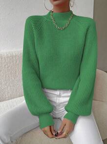 SHEIN Essnce Của phụ nữ Đứng cổ áo Raglan Tay áo dài Áo len Áo chui đầu - màu xanh lá - Xem 3