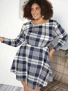 SHEIN CURVE+ Robe À Carreaux Grande Taille - Bleu marine - Voir 5