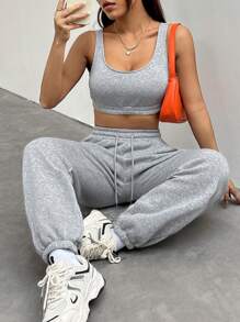 SHEIN EZwear 女款純色短背心和連身褲套裝 - 灰色 - 查看 7