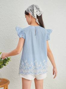 SHEIN Chemise À Rayures À Manches Courtes À Volants Décontractée À Encolure Ronde Pour Filles Pré-adolescentes - Multicolore - Voir 7