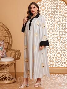 Al Najma Große Größen Langärmliges Kleid mit Farbblock-Umlegekragen und Manschetten