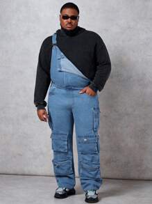 Manfinity Homme 寬鬆款男性大尺碼牛仔背帶褲,可調式肩帶和翻蓋口袋 - 藍色 - 查看 3