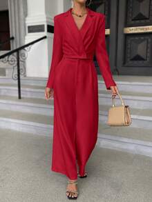 SHEIN Privé Solid Lapel Neck Blazer & Wide Leg Pants - Red - View 3