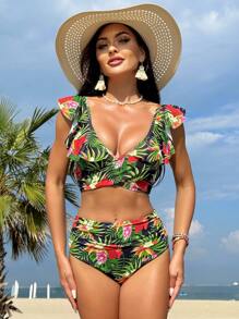 Swim Vcay Ngẫu nhiên Bản in nhiệt đới Quấn chéo Bộ Bikini Với Ruffled Hem Đồ trang trí Lễ hội hóa trang - Nhiều màu - Xem 1