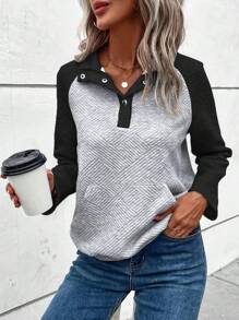 SHEIN LUNE 女款拼色插肩袖運動衫 - 黑色 - 查看 1