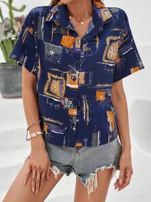 SHEIN LUNE 全身印花短袖襯衫 - 藍色 - 查看 6