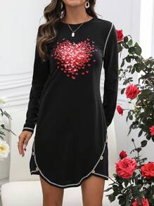 SHEIN LUNE 女用蝴蝶圖案印花拼色拼接連身裙 - 黑色 - 查看 4
