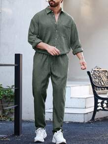 Manfinity Homme Juego De Baggy De Dos Piezas Para Hombre De Camisa Y Pantalón De Chándal Con Parches En Los Bolsillos - Verde militar - Ver 4