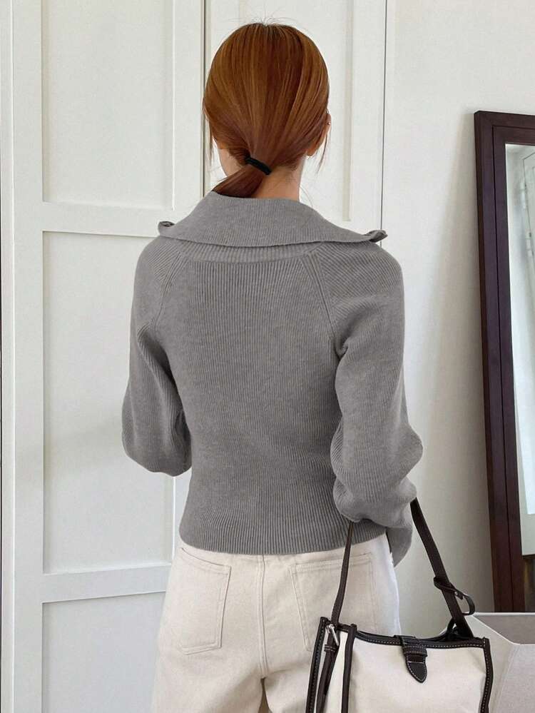 Zipper Front Raglan Sleeves Cardigan,Ladies Late Fall Casual Zipper Raglan Sleeve Collar Regular Fit Dark Grey Plain Women Cardigans,Casual Daily Wear,Long Sleeve Tops Jacket