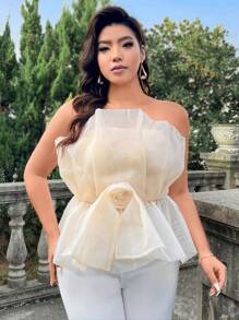 SHEIN BAE Plus Size Three-Dimensional Floral Tube Top - Apricot - View 1