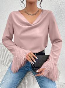 Chiquease 女士抽繩式毛茸茸拼接襯衫,配袖口 - 粉色 - 查看 1