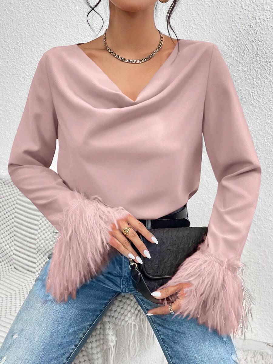 Chiquease 女士抽繩式毛茸茸拼接襯衫,配袖口 - 粉色 - 查看 1