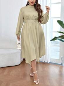 SHEIN Privé 大码女式优雅不对称下摆连衣裙 - 卡其色 - 查看 5