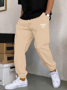 RueChic Cotton Men's Drawstring Waistband With Letter Pattern Sweatpants - Camel - View 1