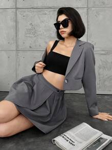 SHEIN Cottnline Women's Short Single-breasted Suit Jacket & Skirt Set - Dark Grey - View 5