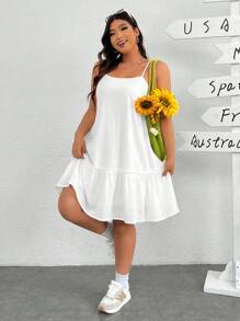 SHEIN EZwear Loose Plus Size Solid Color Spaghetti Strap Dress - White - View 1