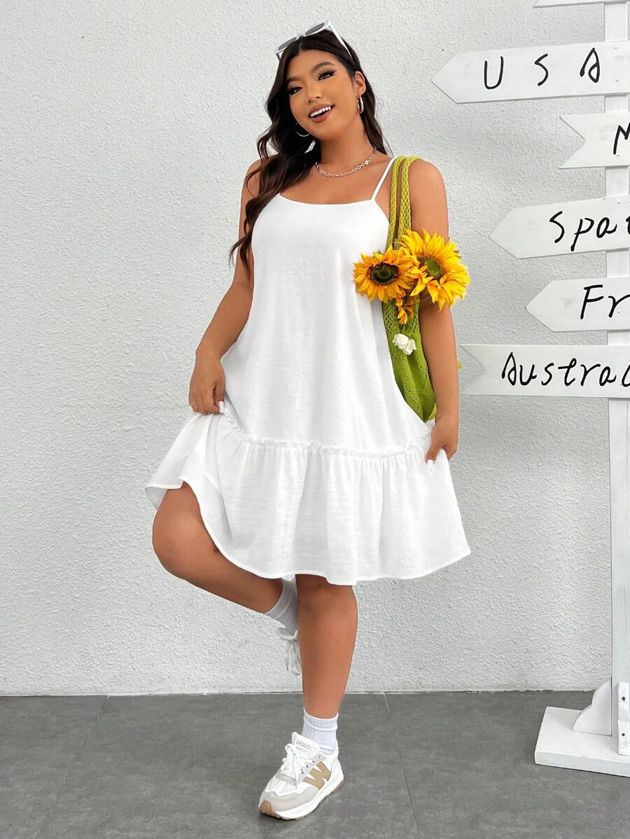 SHEIN EZwear Loose Plus Size Solid Color Spaghetti Strap Dress - White - View 1