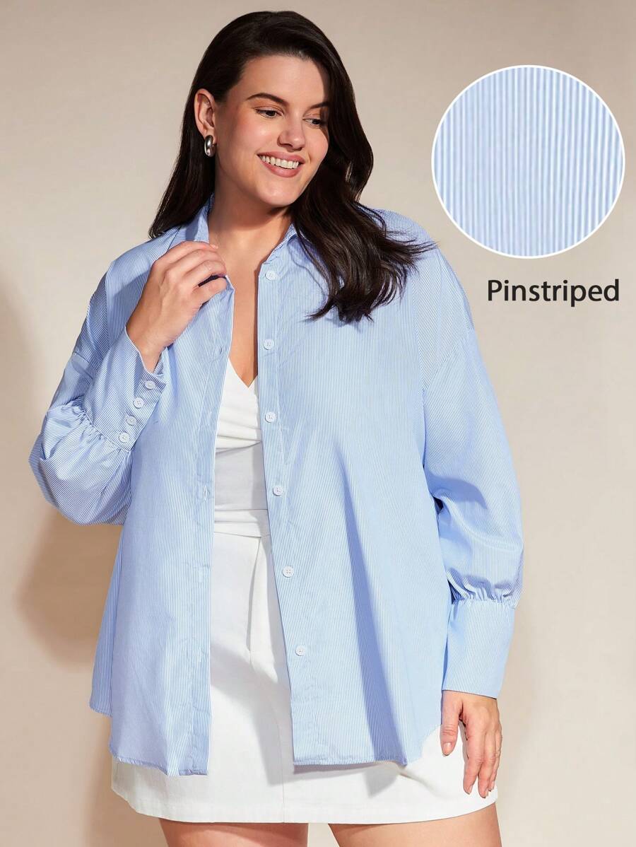 SHEIN BASICS Plus Pinstriped Drop Shoulder Shirt - Blue and White - View 1