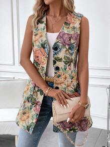 SHEIN Clasi Button Up Floral Brocade Vest Coat - Multicolor - View 4
