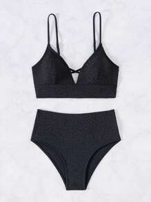 SHEIN Swim Women's Leopard Jacquard Cami Two-Piece Bikinis Set Carnival Summer - Black - View 6