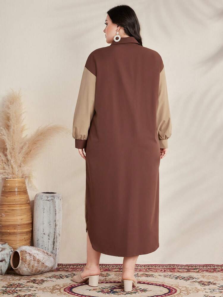 Plus Size Women'S Contrast Color Shirt Dress