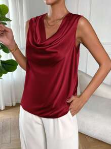 Firerie Ladies' Solid Color Draped Collar Sleeveless Blouse,Sleeveless Tops - Burgundy - View 3
