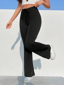 SHEIN EZwear 女式純色彈性腰喇叭褲 - 黑色 - 查看 5