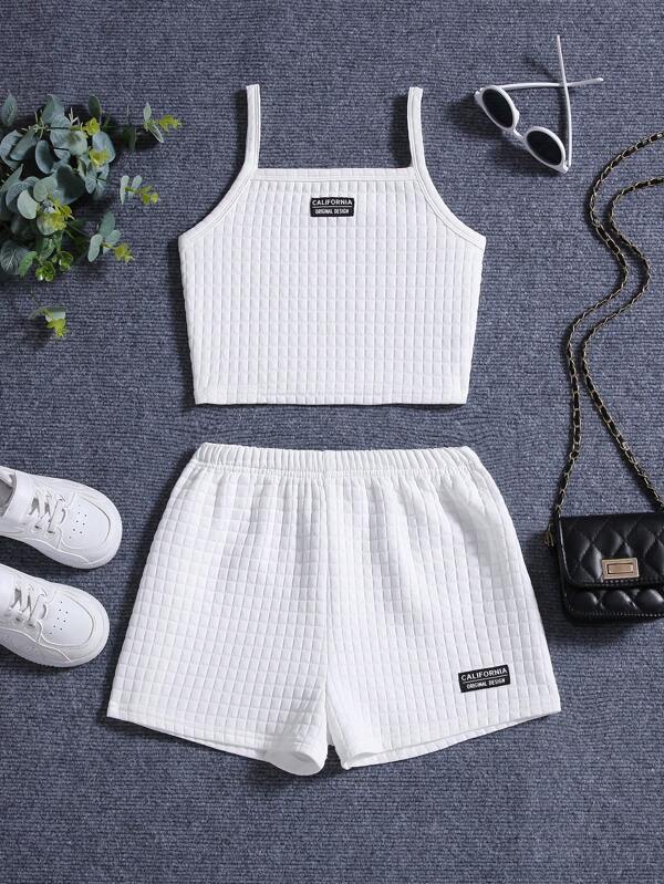Tween Girl Fashionable Sports Knit Letter Patched Cami Top And Shorts Set