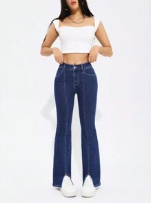 SHEIN PETITE 女士开衩喇叭牛仔裤 - 深色水洗藍 - 查看 4