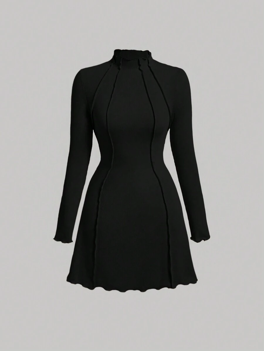 SHEIN MOD 女款立領長袖連衣裙 - 黑色 - 查看 1