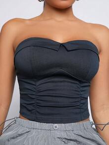 SHEIN SXY 女士實色百褶無肩帶上衣 - 黑色 - 查看 7