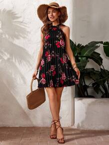 SHEIN VCAY Women'S Holiday Floral Printed Pleated Halter Dress - Black - View 5